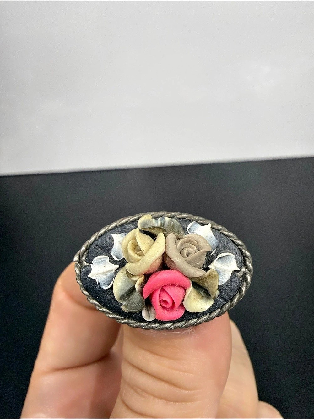 Vintage FUMO Style Floral Rose Brooch Sculpted Flowers Oval Italian Costume Jewe